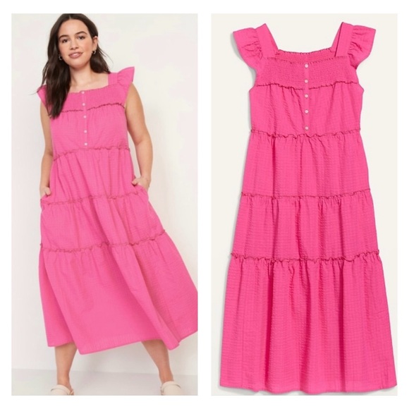 Old Navy Dresses & Skirts - Old Navy Flutter Sleeve Tiered Smocked Midi Swing Dress 2X Pink Coquette Cottage